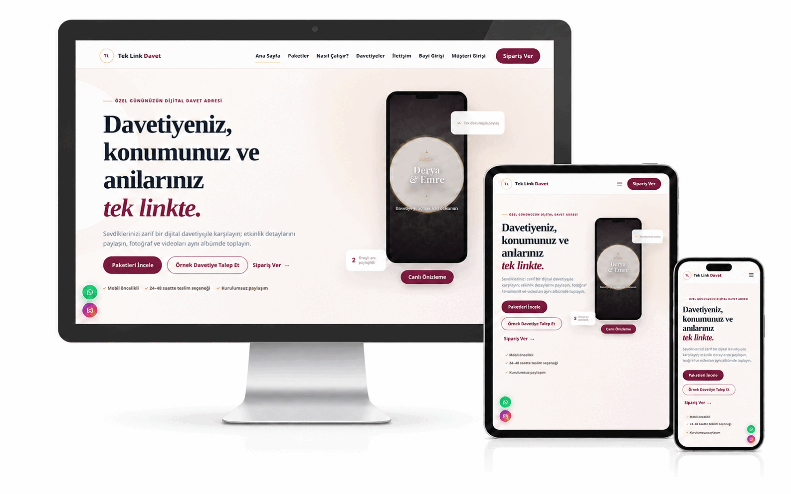 Tek Link Davet ana sayfasının masaüstü tablet ve mobil görünümü