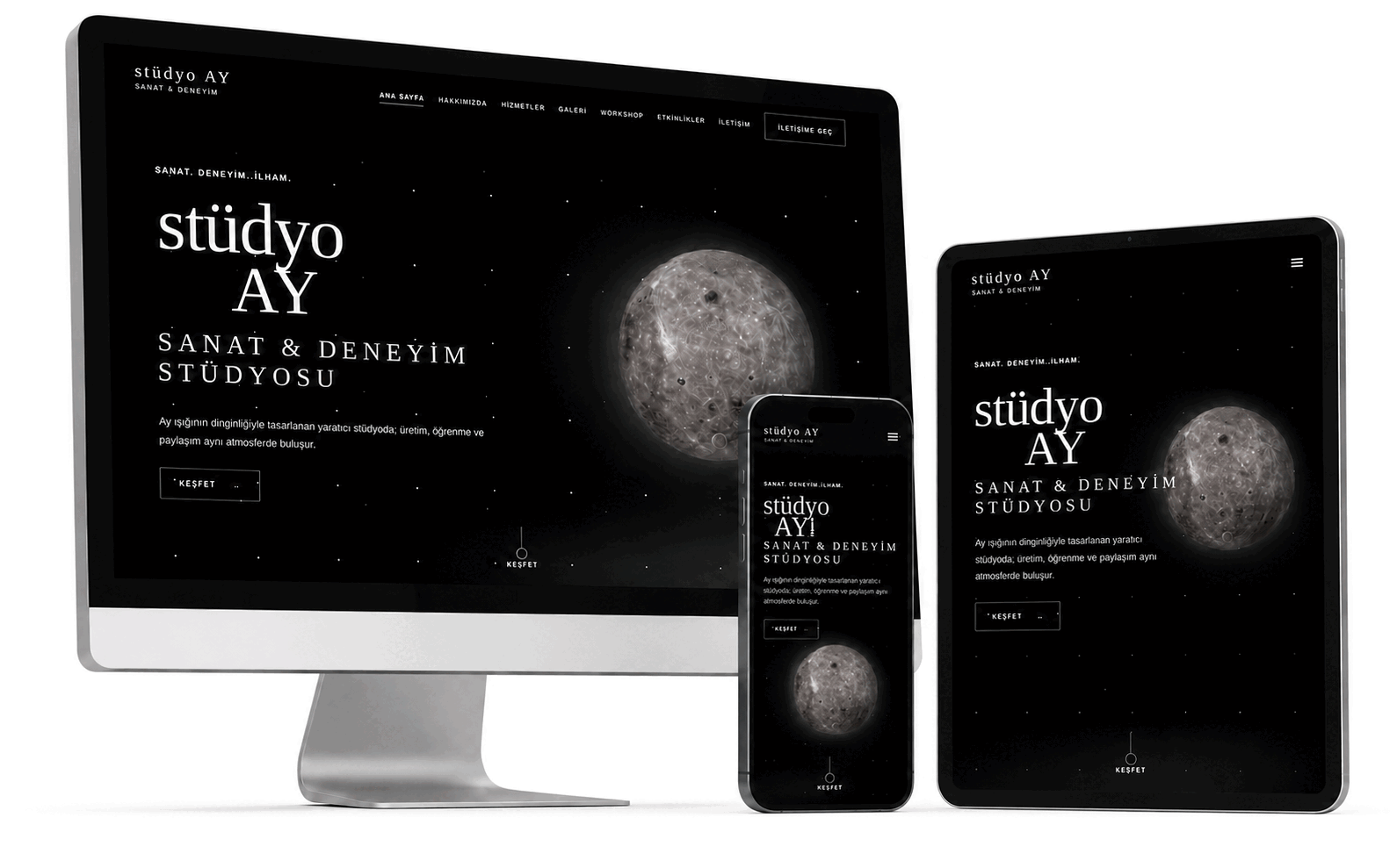 studyoAY ana sayfasının masaüstü tablet ve mobil görünümü
